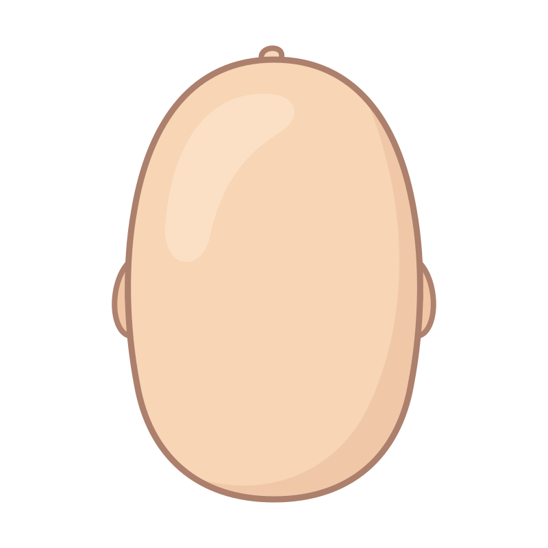 Ilustração de cabeça de bebê com formato normal, vista de cima